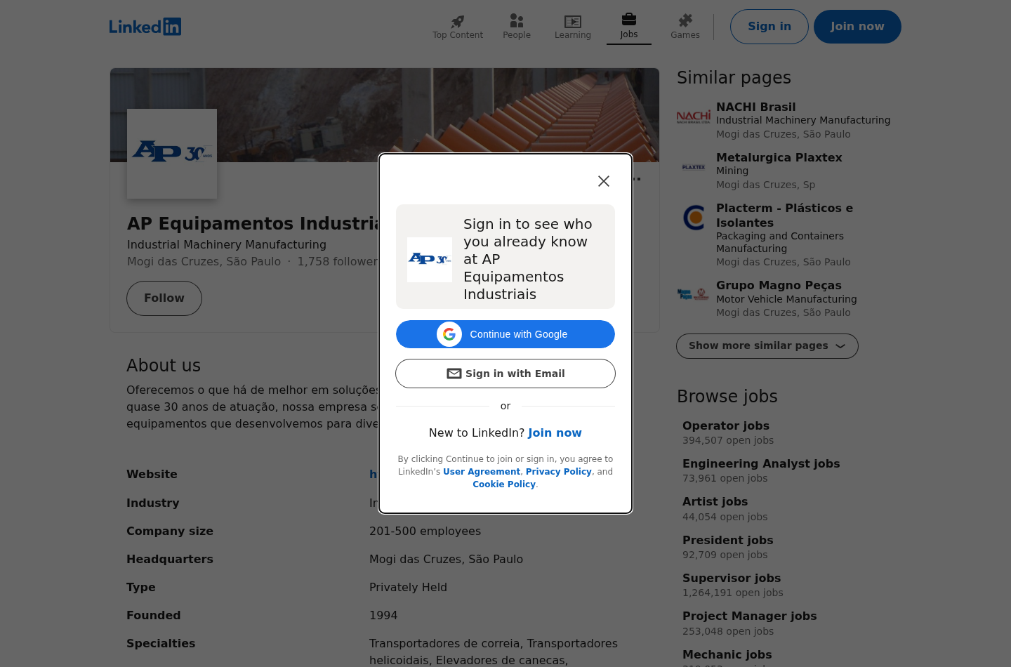 Perfil público do LinkedIn da AP Equipamentos